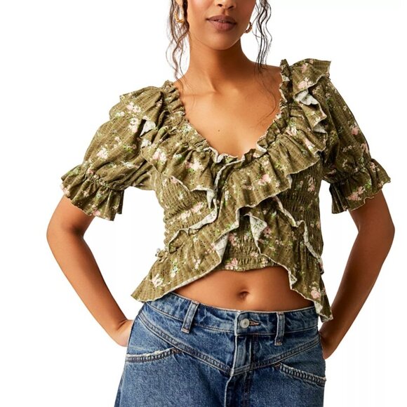 Free People Favorite Girl Top Womens XL Floral Ruffle Smocked Puff Sleeve